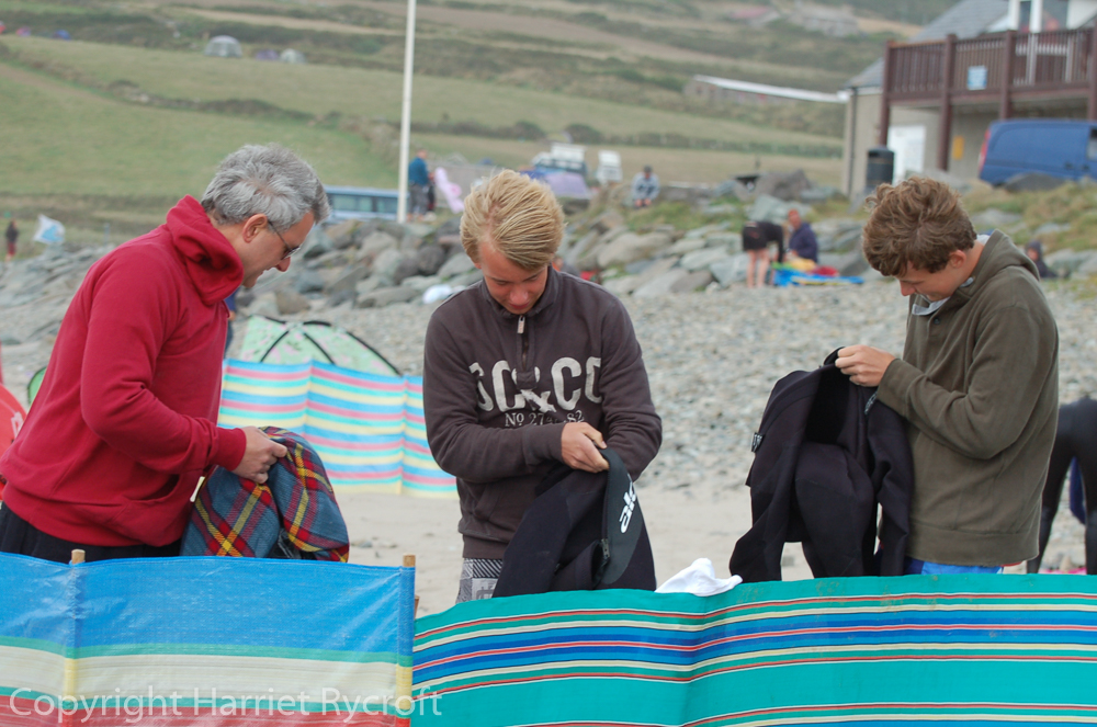 Getting ready to go in. Note windbreaks... Whitesands, Pembrokeshire